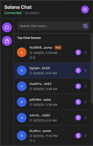 Extension Popup showing chat rooms list